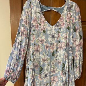 Fringe small light blue/pink pastels floral flowy long-sleeve dress